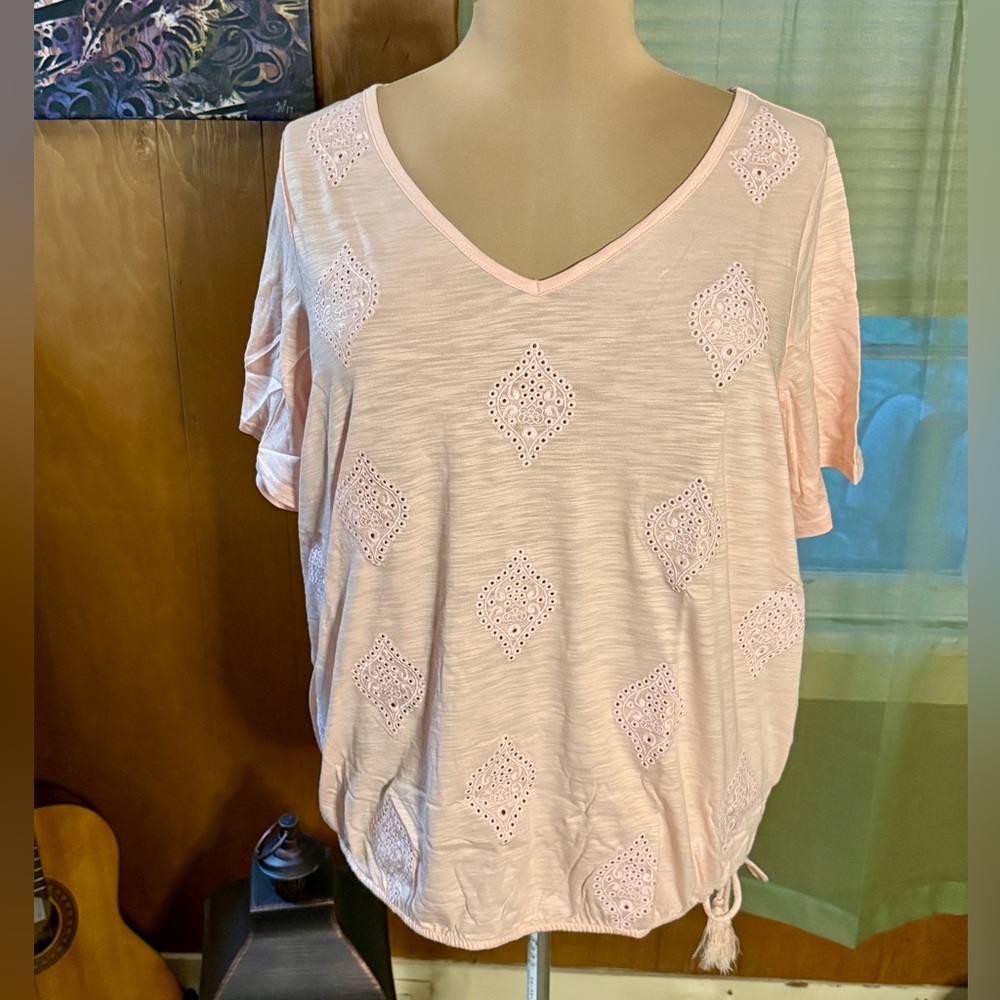 Belle by Kim Gravel Slub Knit Eyelet Drawstring Blouse - Pink Pearl (Size 1X)